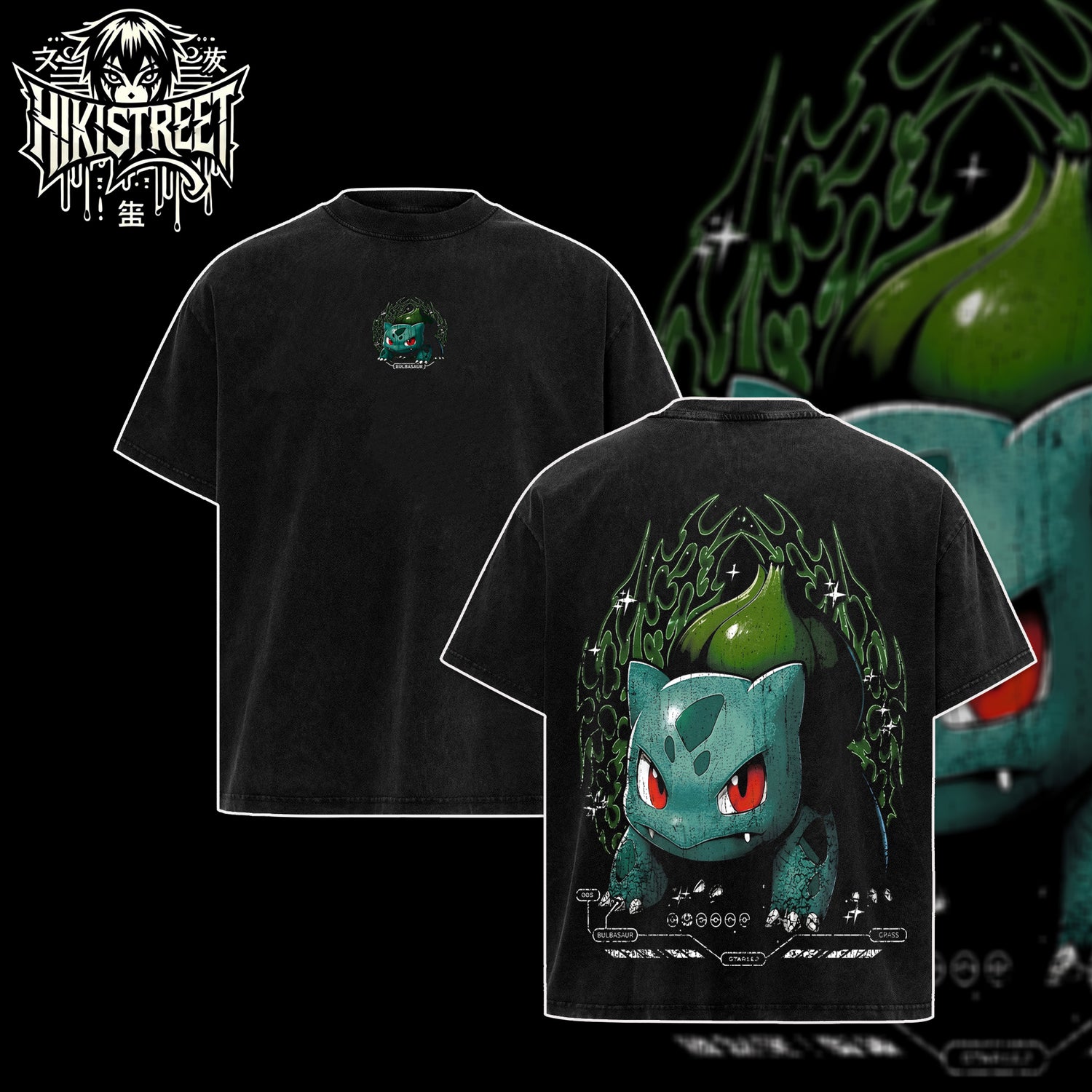 [HIKISTREET] Vintage Bulbasaur Acid Washed T-Shirt, Pokemon Merch, Anime Washed Oversized Tee, Aesthetic Anime Streetwear Gift