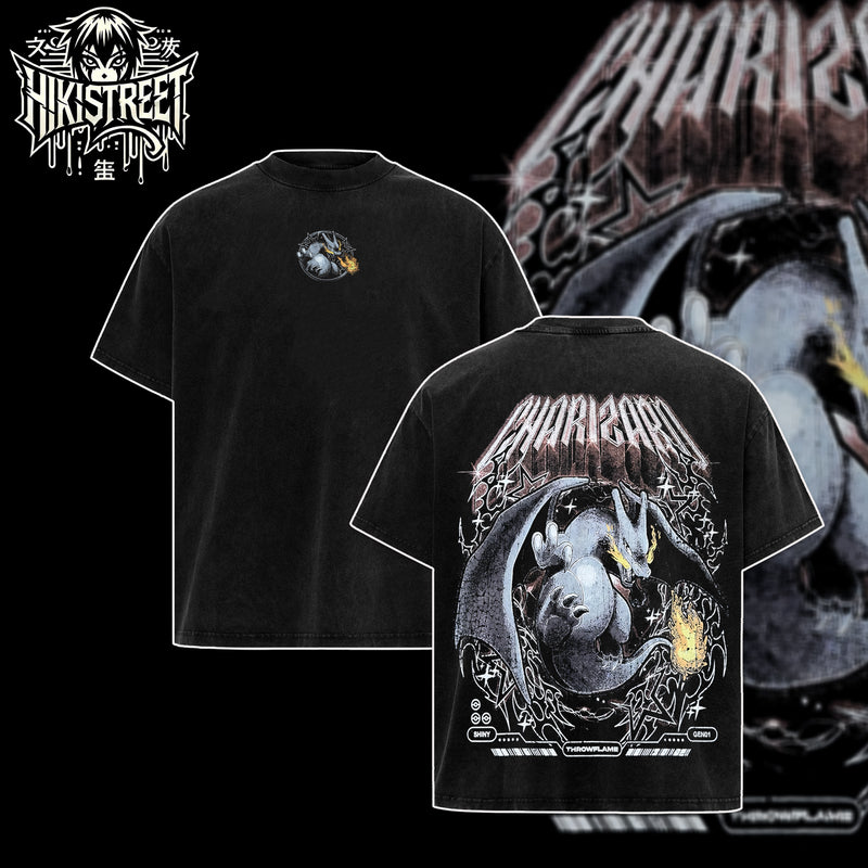 [HIKISTREET] Vintage Charizard Flame Dragon Acid Washed T-Shirt, Pokemon Merch, Anime Washed Oversized Tee, Aesthetic Anime Streetwear Gift