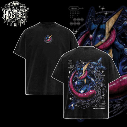 [HIKISTREET] Vintage Greninja Acid Washed T-Shirt, Pokemon Merch, Anime Washed Oversized Tee, Aesthetic Anime Streetwear Gift