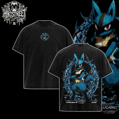 [HIKISTREET] Vintage Lucario Acid Washed T-Shirt, Pokemon Merch, Anime Washed Oversized Tee, Aesthetic Anime Streetwear Gift