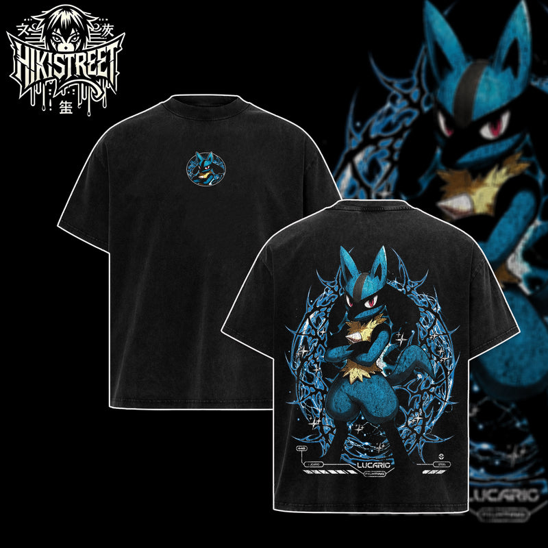[HIKISTREET] Vintage Lucario Acid Washed T-Shirt, Pokemon Merch, Anime Washed Oversized Tee, Aesthetic Anime Streetwear Gift