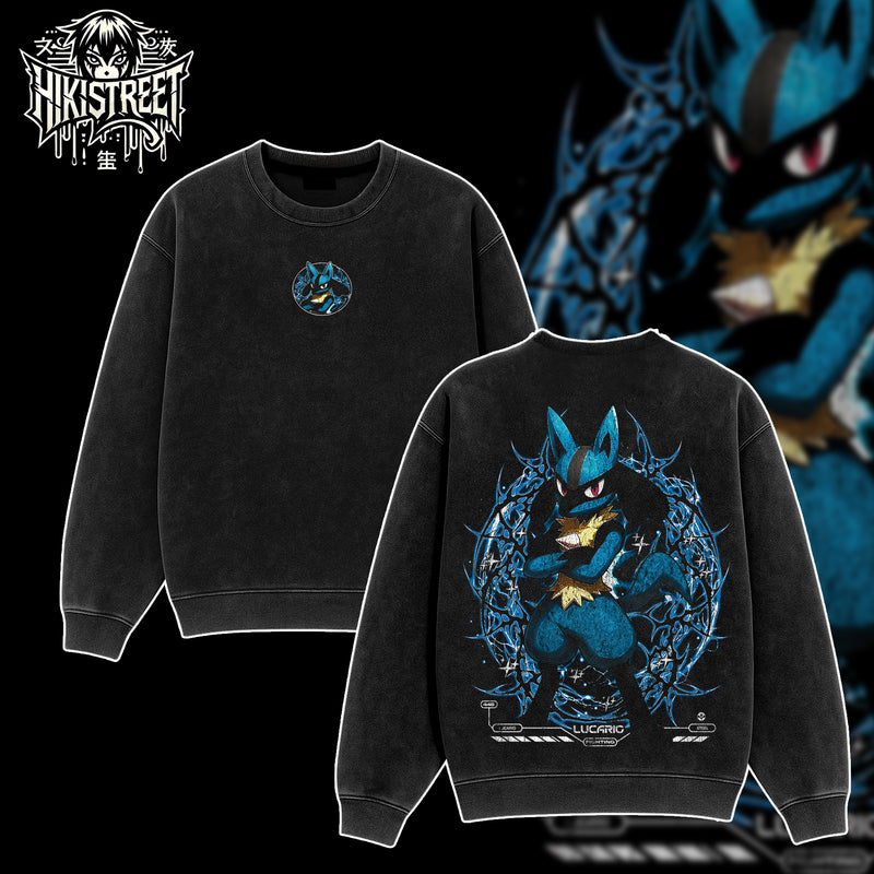 [HIKISTREET] Vintage Lucario Acid Washed T-Shirt, Pokemon Merch, Anime Washed Oversized Tee, Aesthetic Anime Streetwear Gift