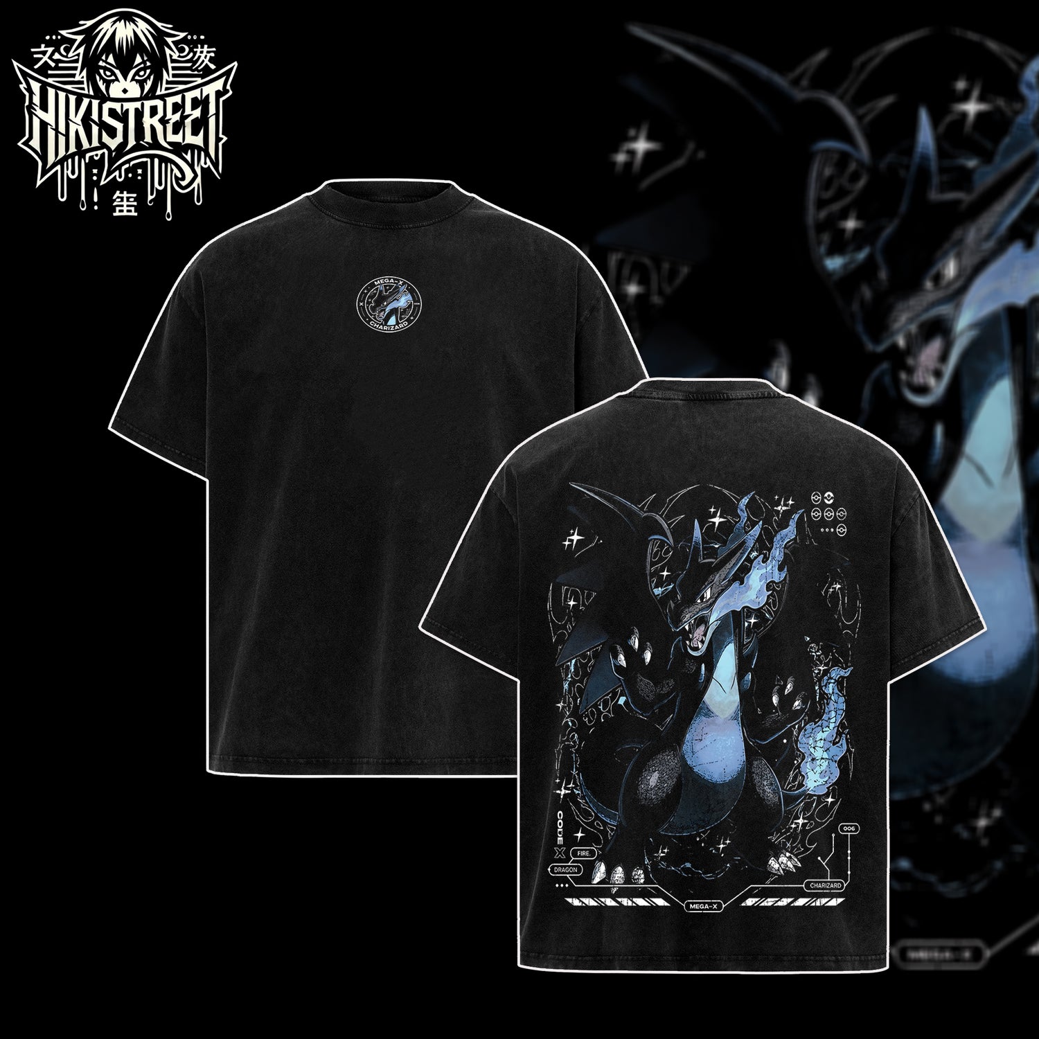 [HIKISTREET] Vintage Charizard Mega-X Acid Washed T-Shirt, Pokemon Merch, Anime Washed Oversized Tee, Aesthetic Anime Streetwear Gift