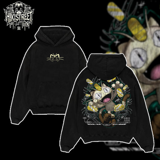 [HIKISTREET] Vintage Meowth Acid Washed T-Shirt, Pokemon Merch, Anime Washed Oversized Tee, Aesthetic Anime Streetwear Gift