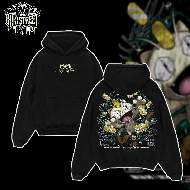 [HIKISTREET] Vintage Meowth Acid Washed T-Shirt, Pokemon Merch, Anime Washed Oversized Tee, Aesthetic Anime Streetwear Gift