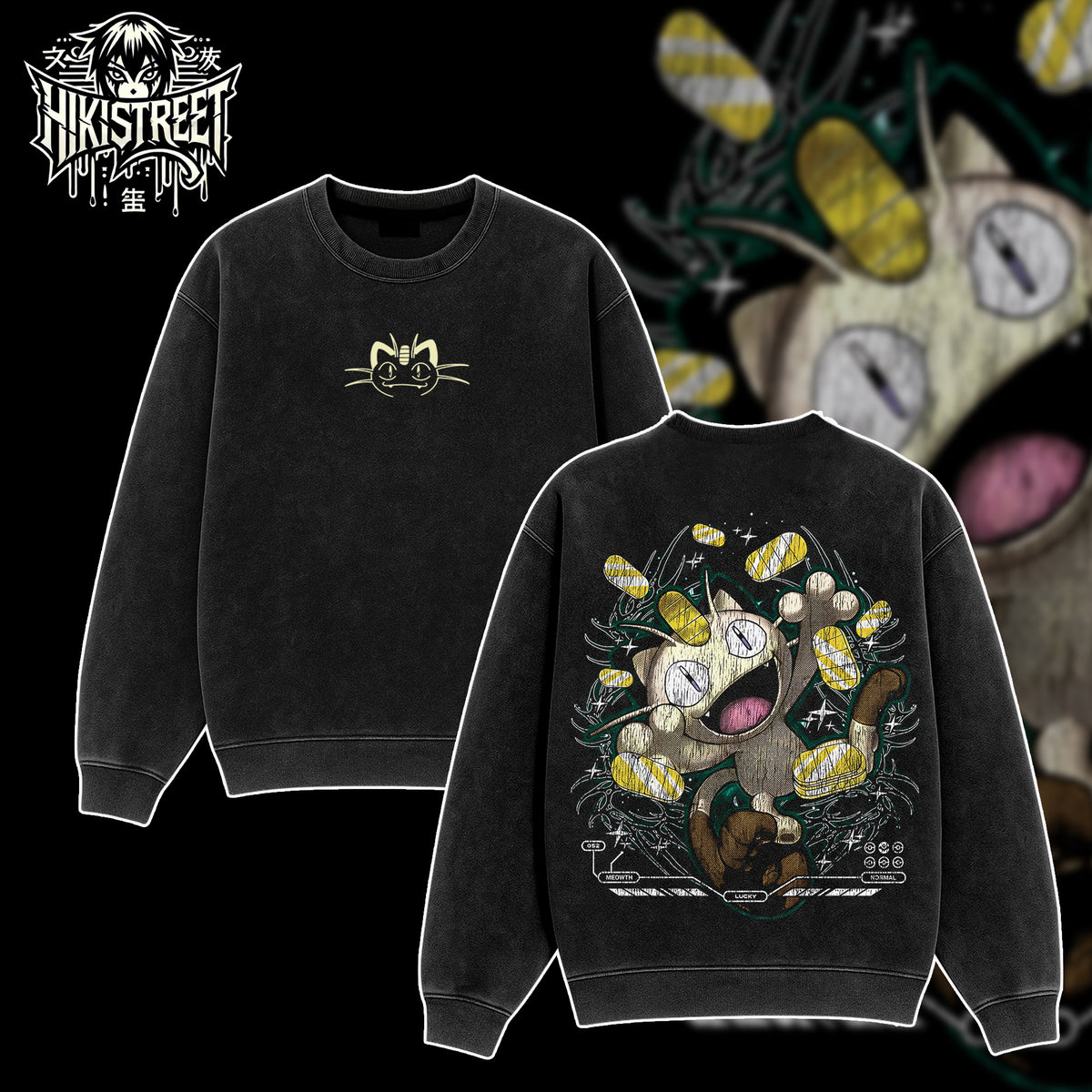 [HIKISTREET] Vintage Meowth Acid Washed T-Shirt, Pokemon Merch, Anime Washed Oversized Tee, Aesthetic Anime Streetwear Gift