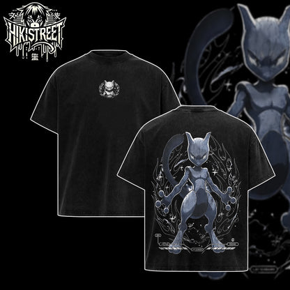 [HIKISTREET] Vintage Mewtwo Acid Washed T-Shirt, Pokemon Merch, Anime Washed Oversized Tee, Aesthetic Anime Streetwear Gift