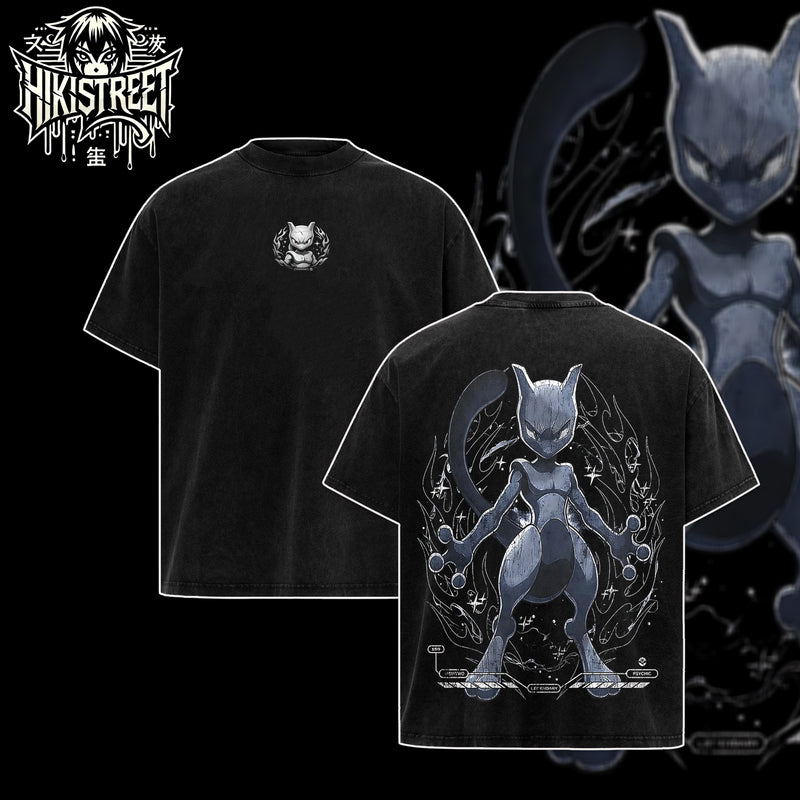 [HIKISTREET] Vintage Mewtwo Acid Washed T-Shirt, Pokemon Merch, Anime Washed Oversized Tee, Aesthetic Anime Streetwear Gift