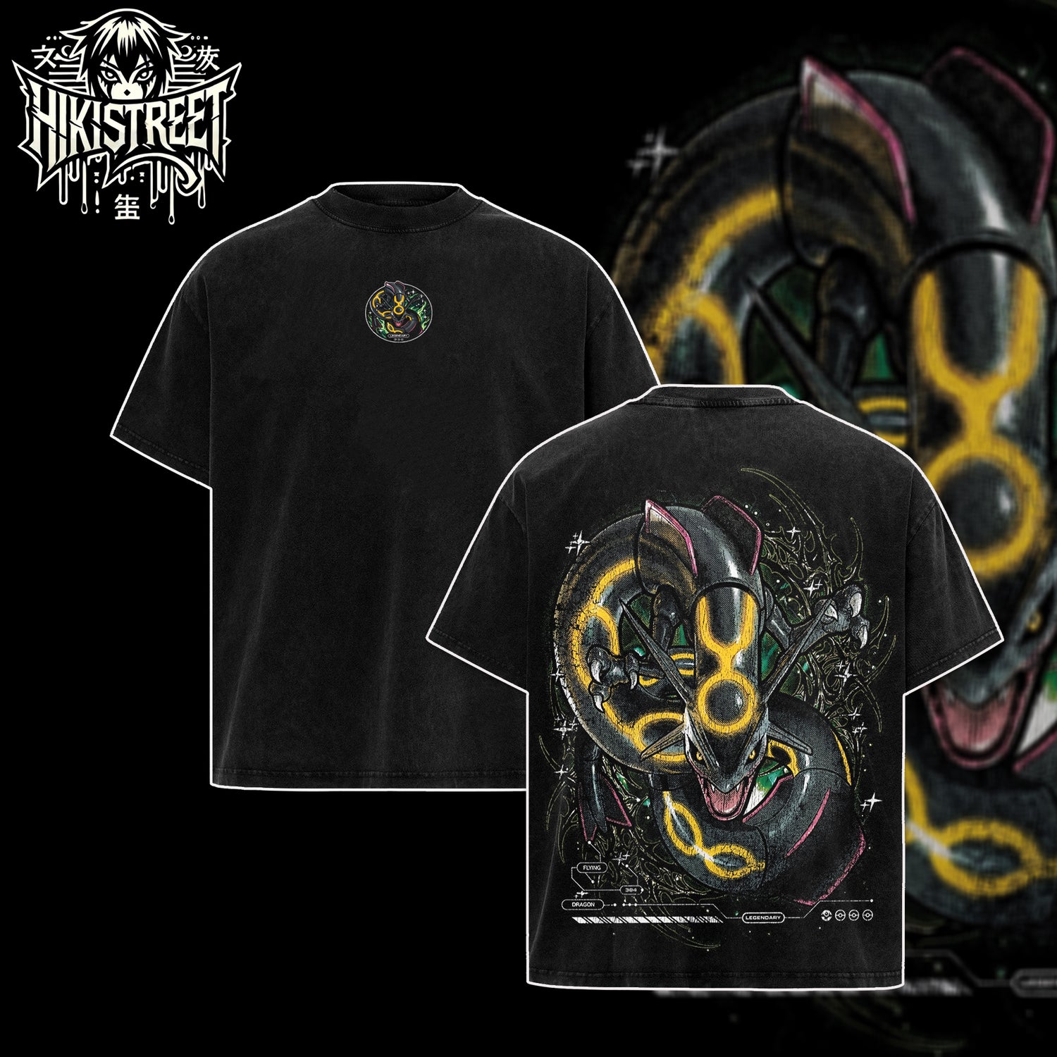 [HIKISTREET] Vintage Rayquaza Acid Washed T-Shirt, Pokemon Merch, Anime Washed Oversized Tee, Aesthetic Anime Streetwear Gift