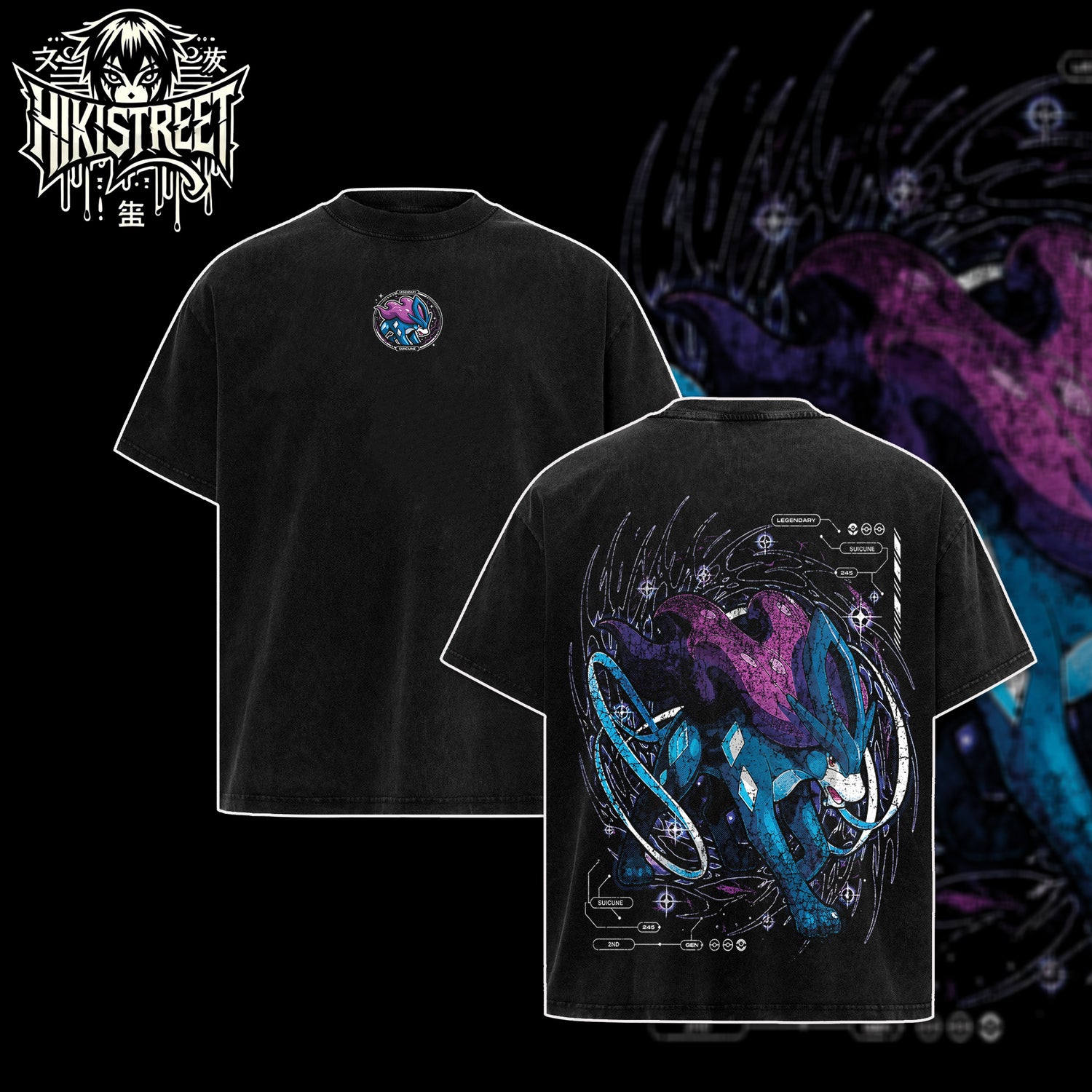[HIKISTREET] Vintage Suicune Acid Washed T-Shirt, Pokemon Merch, Anime Washed Oversized Tee, Aesthetic Anime Streetwear Gift