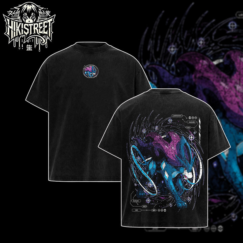 [HIKISTREET] Vintage Suicune Acid Washed T-Shirt, Pokemon Merch, Anime Washed Oversized Tee, Aesthetic Anime Streetwear Gift