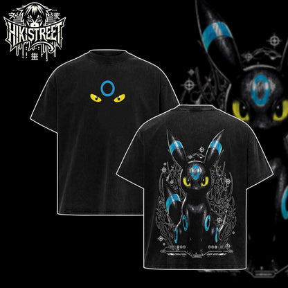 [HIKISTREET] Vintage Umbreon Acid Washed T-Shirt, Pokemon Merch, Anime Washed Oversized Tee, Aesthetic Anime Streetwear Gift
