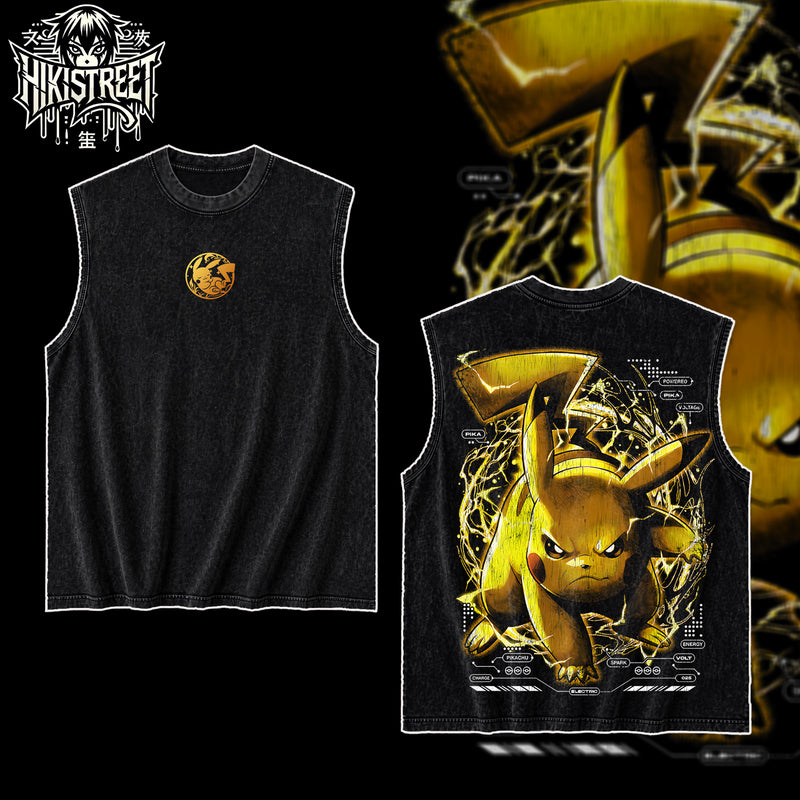 [HIKISTREET] Vintage Pikachu Acid Washed T-Shirt, Pokemon Merch, Anime Washed Oversized Tee, Aesthetic Anime Streetwear Gift