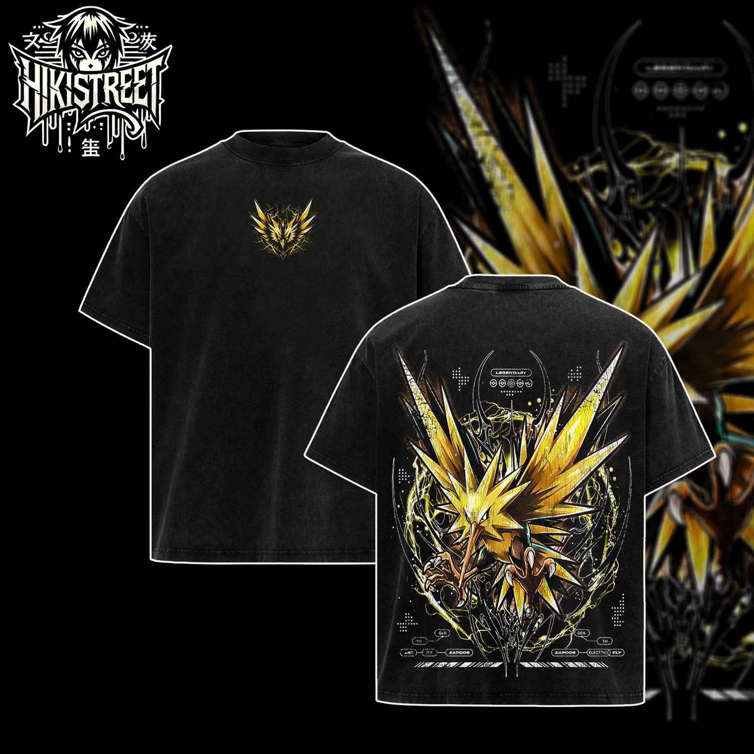 [HIKISTREET] Vintage Zapdos Acid Washed T-Shirt, Pokemon Merch, Anime Washed Oversized Tee, Aesthetic Anime Streetwear Gift