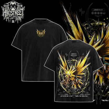 [HIKISTREET] Vintage Zapdos Acid Washed T-Shirt, Pokemon Merch, Anime Washed Oversized Tee, Aesthetic Anime Streetwear Gift