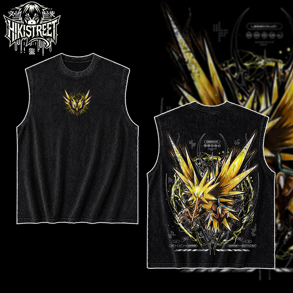 [HIKISTREET] Vintage Zapdos Acid Washed T-Shirt, Pokemon Merch, Anime Washed Oversized Tee, Aesthetic Anime Streetwear Gift