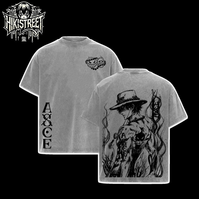 [HIKISTREET] Vintage Portgas D. Ace Acid Washed T-Shirt, One Piece Merch, Anime Washed Oversized Tee, Aesthetic Anime Streetwear Gift