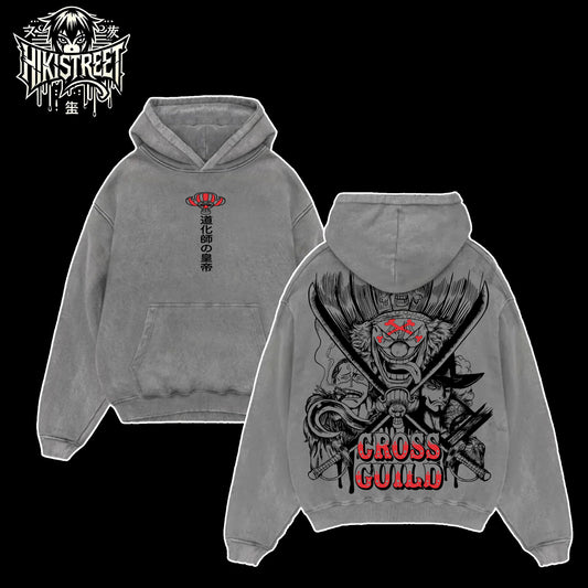 [HIKISTREET] Vintage Buggy & Mihawk Acid Washed T-Shirt, One Piece Merch, Anime Washed Oversized Tee, Aesthetic Anime Streetwear Gift