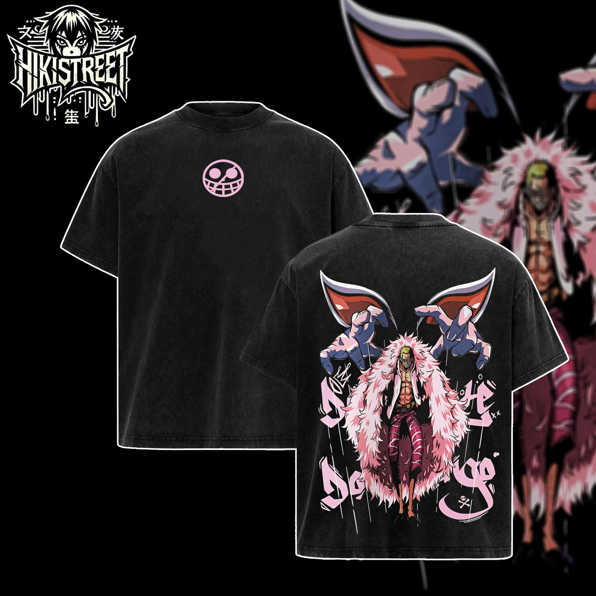 [HIKISTREET] Vintage Doflamingo Acid Washed T-Shirt, One Piece Merch, Anime Washed Oversized Tee, Aesthetic Anime Streetwear Gift