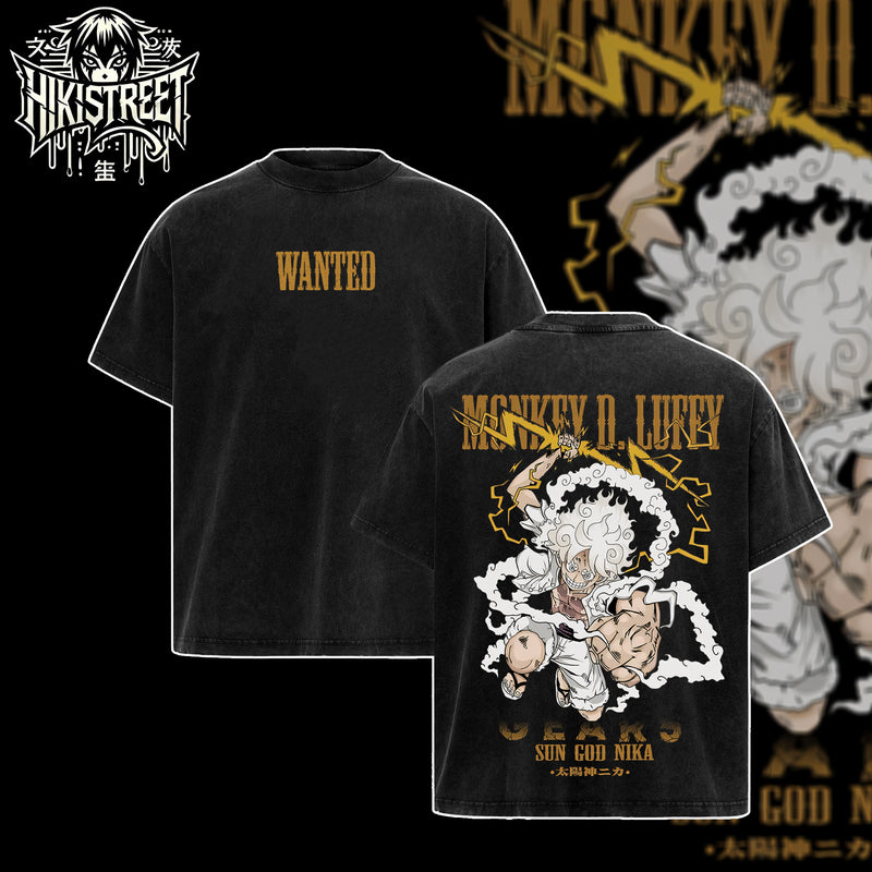[HIKISTREET] Vintage Luffy Gear 5 V4 Acid Washed T-Shirt, One Piece Merch, Anime Washed Oversized Tee, Aesthetic Anime Streetwear Gift