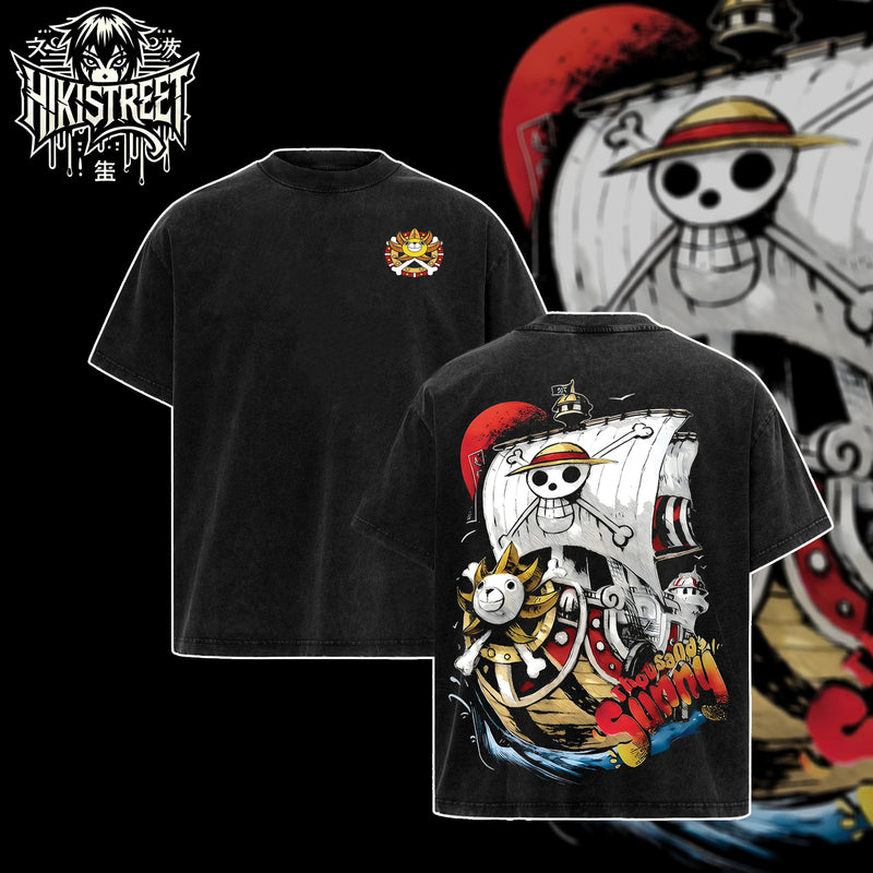 [HIKISTREET] Vintage A Thousand Sunny Acid Washed T-Shirt, One Piece Merch, Anime Washed Oversized Tee, Aesthetic Anime Streetwear Gift