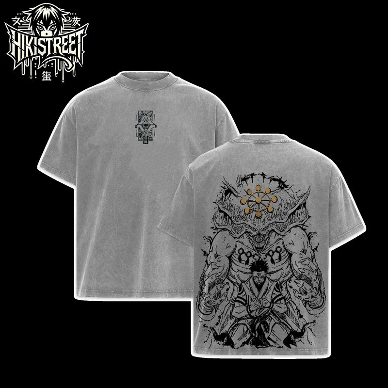 [HIKISTREET] Vintage Sukuna x Mahoraga Acid Washed T-Shirt, Jujutsu Kaisen Merch, Anime Washed Oversized Tee, Aesthetic Anime Streetwear Gift