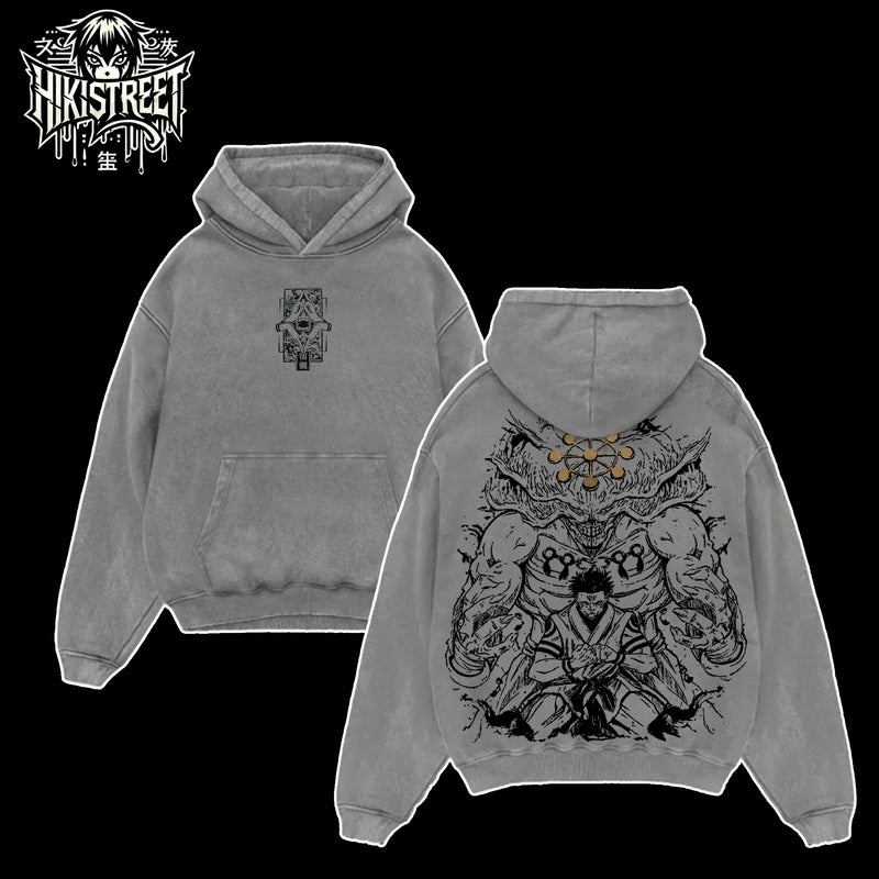 [HIKISTREET] Vintage Sukuna x Mahoraga Acid Washed T-Shirt, Jujutsu Kaisen Merch, Anime Washed Oversized Tee, Aesthetic Anime Streetwear Gift