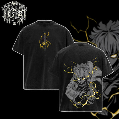 [HIKISTREET] Vintage Zenitsu Thunder Breathing Acid Washed T-Shirt, Demon Slayer Merch, Anime Washed Oversized Tee, Aesthetic Anime Streetwear Gift