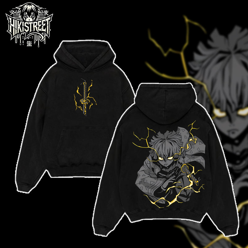 [HIKISTREET] Vintage Zenitsu Thunder Breathing Acid Washed T-Shirt, Demon Slayer Merch, Anime Washed Oversized Tee, Aesthetic Anime Streetwear Gift