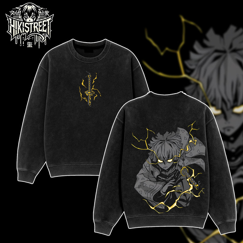[HIKISTREET] Vintage Zenitsu Thunder Breathing Acid Washed T-Shirt, Demon Slayer Merch, Anime Washed Oversized Tee, Aesthetic Anime Streetwear Gift
