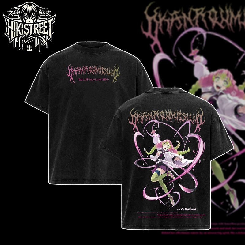 [HIKISTREET] Vintage Mitsuri Kanroji Acid Washed T-Shirt, Demon Slayer Merch, Anime Washed Oversized Tee, Aesthetic Anime Streetwear Gift