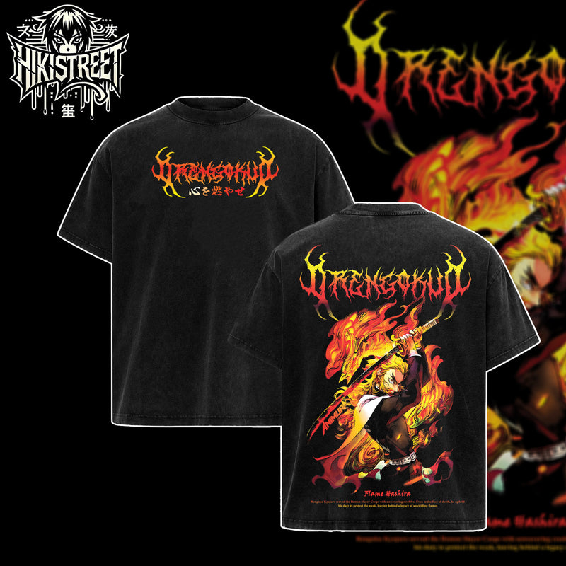 [HIKISTREET] Vintage Rengoku Flame Hashira Acid Washed T-Shirt, Demon Slayer Merch, Anime Washed Oversized Tee, Aesthetic Anime Streetwear Gift