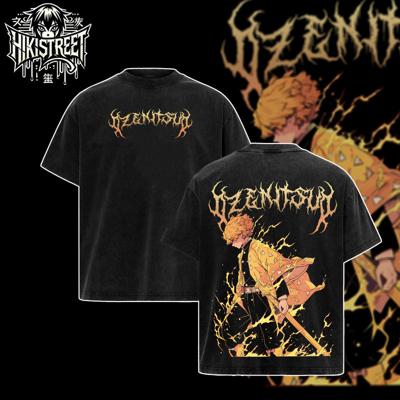 [HIKISTREET] Vintage Zenitsu Acid Washed T-Shirt, Demon Slayer Merch, Anime Washed Oversized Tee, Aesthetic Anime Streetwear Gift