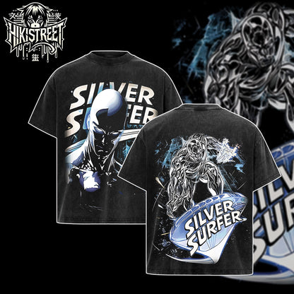 [HIKISTREET] Vintage Silver Surfer Acid Washed T-Shirt, MCU Merch, Comics Washed Oversized Tee, Aesthetic Comics Streetwear Gift