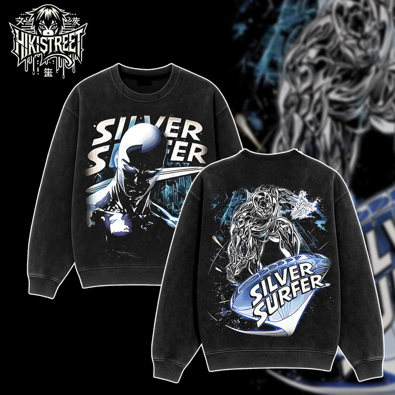 [HIKISTREET] Vintage Silver Surfer Acid Washed T-Shirt, MCU Merch, Comics Washed Oversized Tee, Aesthetic Comics Streetwear Gift