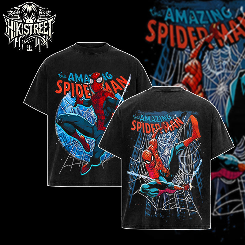 [HIKISTREET] Vintage Spider Man Acid Washed T-Shirt, MCU Merch, Comics Washed Oversized Tee, Aesthetic Comics Streetwear Gift