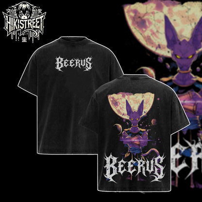 [HIKISTREET] Vintage Beerus Acid Washed T-Shirt, Dragon Ball Merch, Anime Washed Oversized Tee, Aesthetic Anime Streetwear Gift
