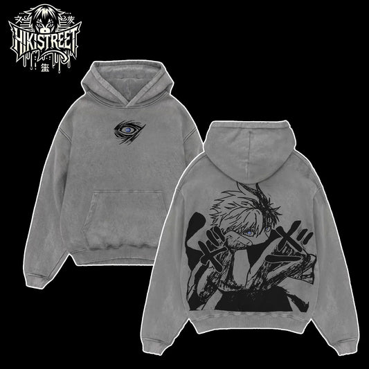 [HIKISTREET] Vintage Gojo Satoru V2 Acid Washed T-Shirt, Jujutsu Kaisen Merch, Anime Washed Oversized Tee, Aesthetic Anime Streetwear Gift