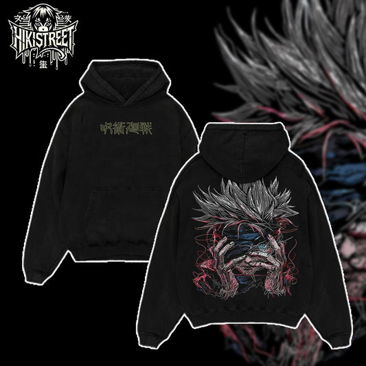 [HIKISTREET] Vintage Gojo Satoru V4 Acid Washed T-Shirt, Jujutsu Kaisen Merch, Anime Washed Oversized Tee, Aesthetic Anime Streetwear Gift