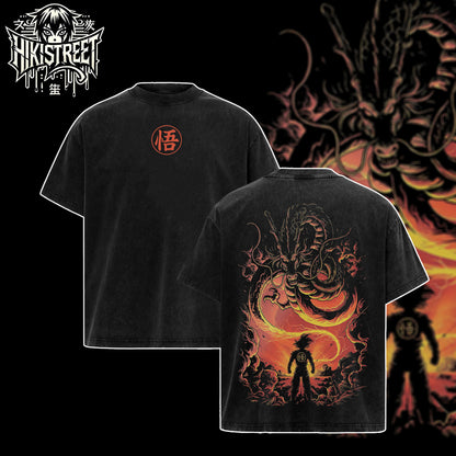[HIKISTREET] Vintage Goku Calling Dragon Acid Washed T-Shirt, Dragon Ball Merch, Anime Washed Oversized Tee, Aesthetic Anime Streetwear Gift