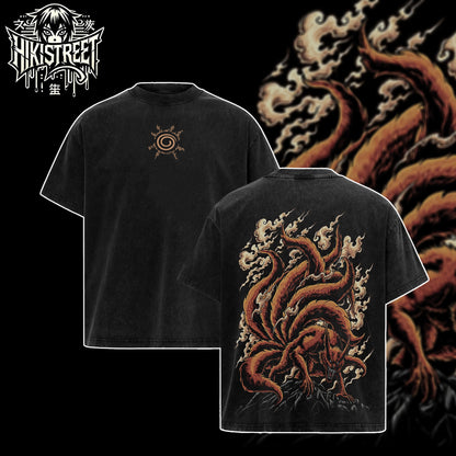 [HIKISTREET] Vintage Kurama The Nine Tails Acid Washed T-Shirt, Naruto Merch, Anime Washed Oversized Tee, Aesthetic Anime Streetwear Gift