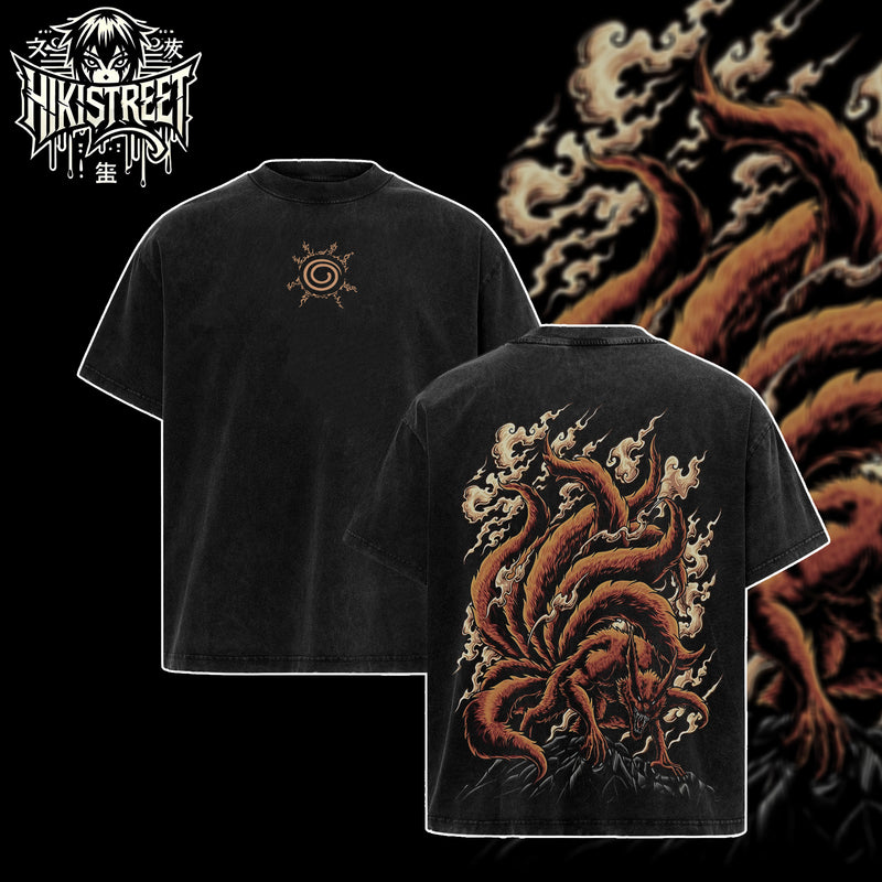 [HIKISTREET] Vintage Kurama The Nine Tails Acid Washed T-Shirt, Naruto Merch, Anime Washed Oversized Tee, Aesthetic Anime Streetwear Gift