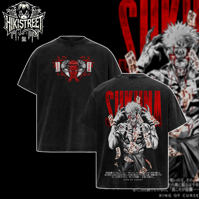 [HIKISTREET] Vintage Sukuna King Of Curses Acid Washed T-Shirt, Jujutsu Kaisen Merch, Anime Washed Oversized Tee, Aesthetic Anime Streetwear Gift