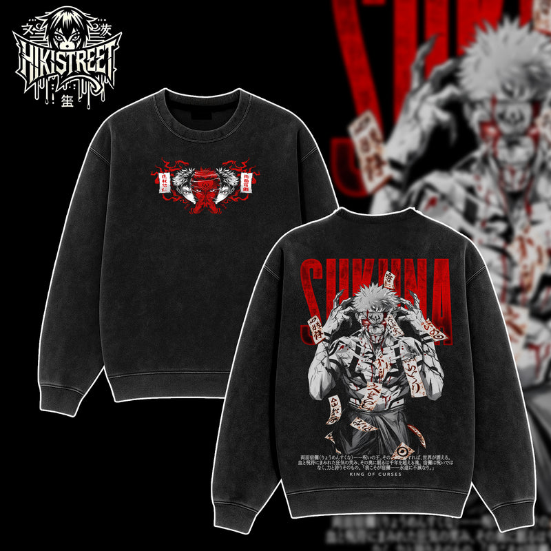 [HIKISTREET] Vintage Sukuna King Of Curses Acid Washed T-Shirt, Jujutsu Kaisen Merch, Anime Washed Oversized Tee, Aesthetic Anime Streetwear Gift