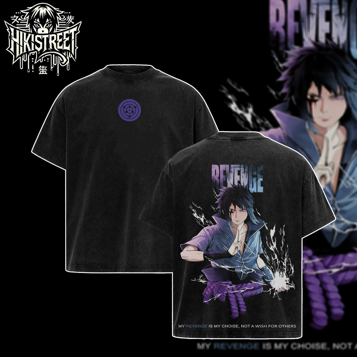 [HIKISTREET] Vintage Uchiha Sasuke Acid Washed T-Shirt, Naruto Merch, Anime Washed Oversized Tee, Aesthetic Anime Streetwear Gift