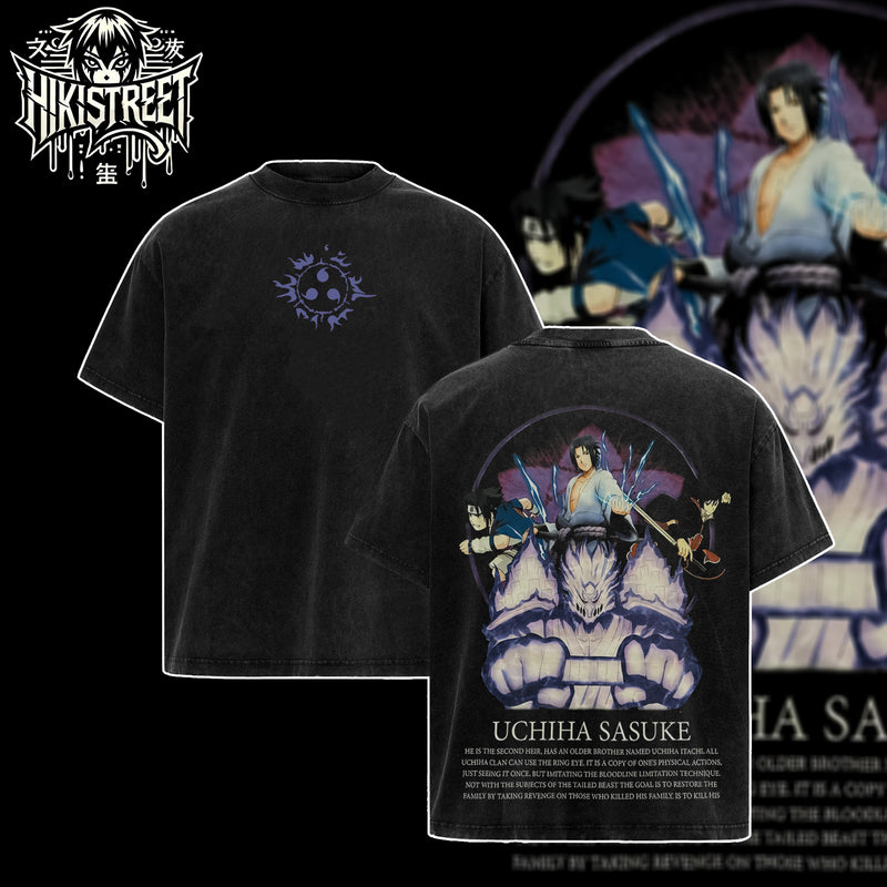 [HIKISTREET] Vintage Uchiha Sasuke V2 Acid Washed T-Shirt, Naruto Merch, Anime Washed Oversized Tee, Aesthetic Anime Streetwear Gift