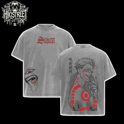 [HIKISTREET] Vintage Ryomen Sukuna The King Of Curses Acid Washed T-Shirt, Jujutsu Kaisen Merch, Anime Washed Oversized Tee, Aesthetic Anime Streetwear Gift
