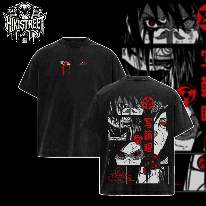 [HIKISTREET] Vintage Uchiha Clan Acid Washed T-Shirt, Naruto Merch, Anime Washed Oversized Tee, Aesthetic Anime Streetwear Gift