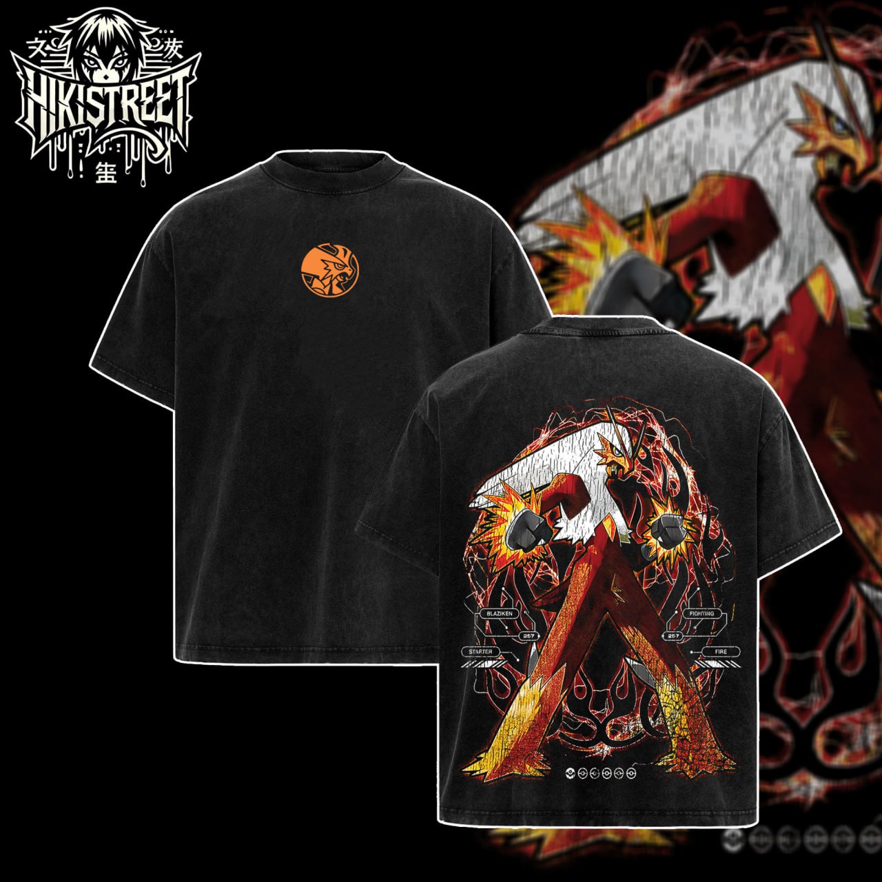 [HIKISTREET] Vintage Blaziken Acid Washed T-Shirt, Pokemon Merch, Anime Washed Oversized Tee, Aesthetic Anime Streetwear Gift
