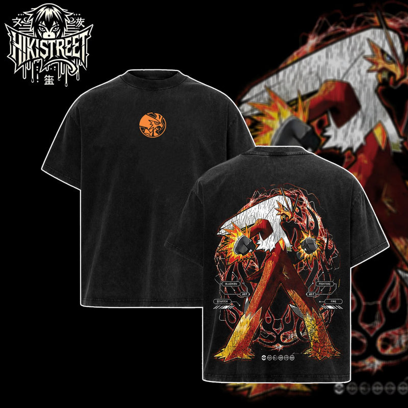 [HIKISTREET] Vintage Blaziken Acid Washed T-Shirt, Pokemon Merch, Anime Washed Oversized Tee, Aesthetic Anime Streetwear Gift